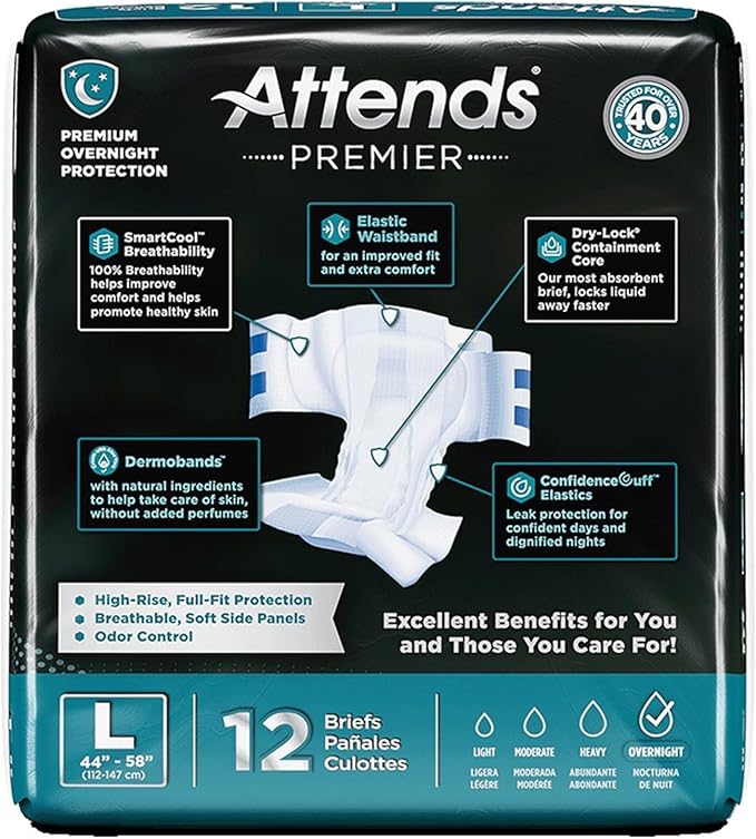 Attends Premier Adult Disposable SmartCool® Briefs, Large, 44-58" High-Rise Waist Tab Closure, Premium Overnight Dry-Lock Protection, Odor Control, 12ct Bag