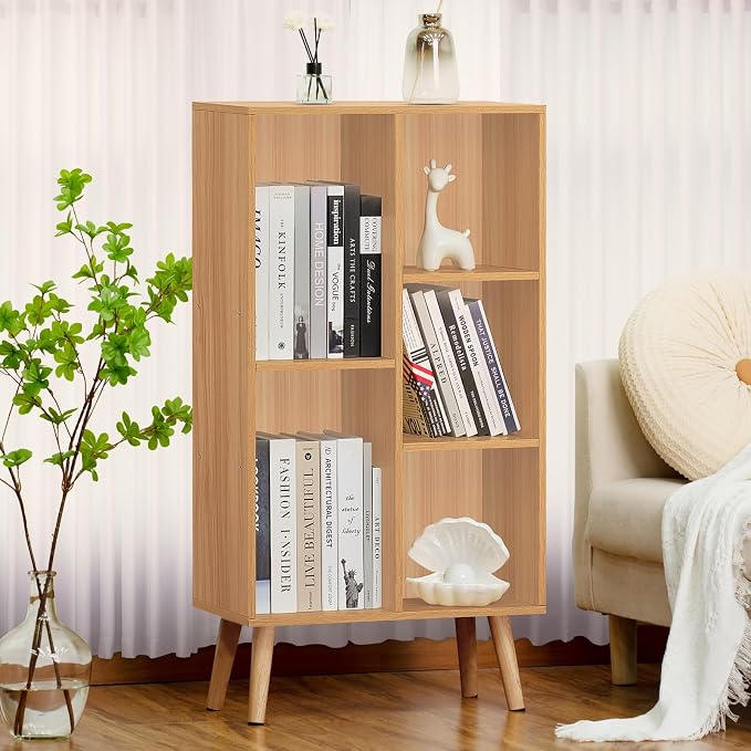 LEYAOYAO 5 Cube Bookshelf, Mid-Century Modern Book Shelf with Legs, Natural | 3 Tier Bookcase, Rustic Wood Bookshelves Freestanding Small Storage Organizer, Open Shelves for Bedroom, Living Room, Office