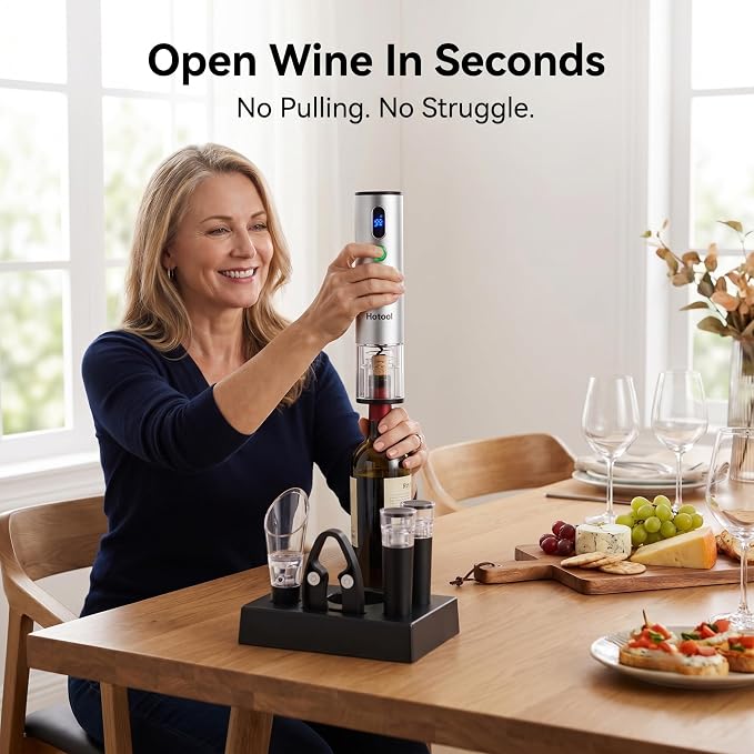 Electric Wine Opener with Wine Accessories -Rechargeable Wine Bottle Opener Set with Base, Wine Aerator, Foil Cutter and Wine Stoppers- Perfect Wine Gifts for Wine Lovers