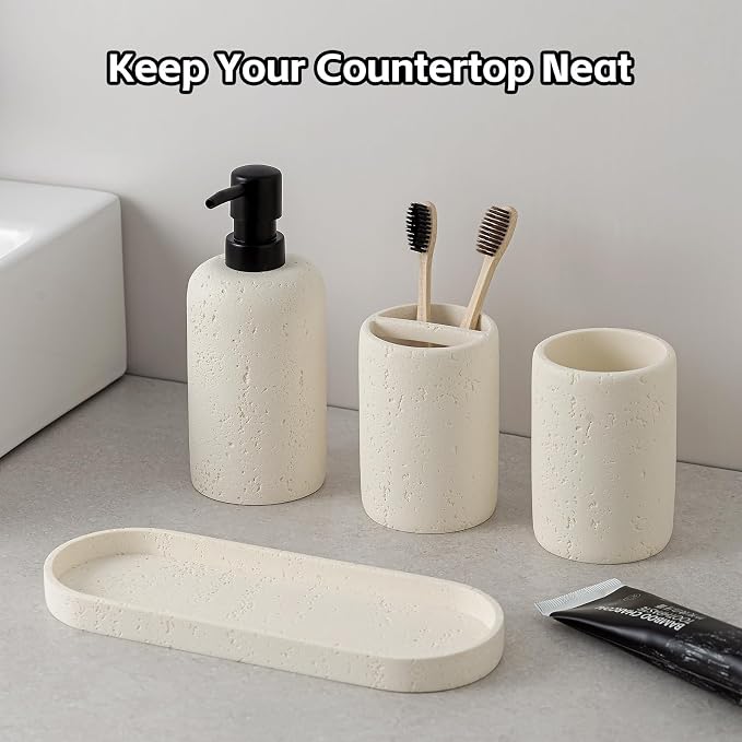 Bathroom Accessories Set,4 PCS Travertine Stone Look Collection,Cream | Modern Bath Organizer with 13.53 OZ Soap Dispenser, Toothbrush Holder, Tumbler, Vanity Tray for Countertop Kitchen Sink