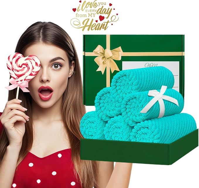 VOOVA & MOVAS Washcloths 6PC, 100% Cotton, 13x13 in, Turquoise | Thick, Quick Dry, Soft, Absorbent, Luxury Towels For Face, Fluffy Wash Cloths, Towel Gift Set
