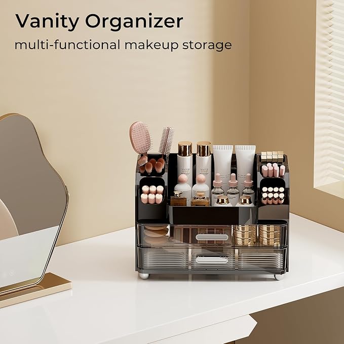 UFORU Makeup Organizer for Vanity with 2 Large Drawers, Cosmetic Display Case with Brush Holders, Easy to Storage for Bathroom Countertop Skincare, Perfume, Black