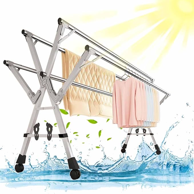 Adjustable Clothes Drying Rack,Folding Blanket Rack,5-Bar | Stainless Steel Laundry Stand,Laundry Drying Rack with Wheels,Extendable from 59 to 94.5 Inches,Hooks,for Indoor Outdoor