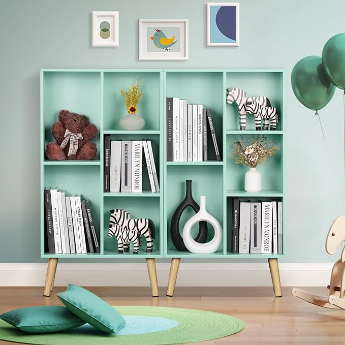 LEYAOYAO 5 Cube Bookshelf, Mid-Century Modern Book Shelf with Legs, Green | 3 Tier Bookcase, Rustic Wood Bookshelves Freestanding Small Storage Organizer, Open Shelves for Bedroom, Living Room, Office