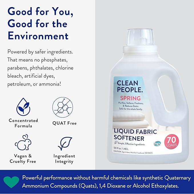 Clean People All Natural Liquid Fabric Softener - Plant-Based, Eco Friendly - Naturally Softens & Removes Static Cling - Vegan - Spring Scented Laundry Softener - 100 fl oz - 140 loads