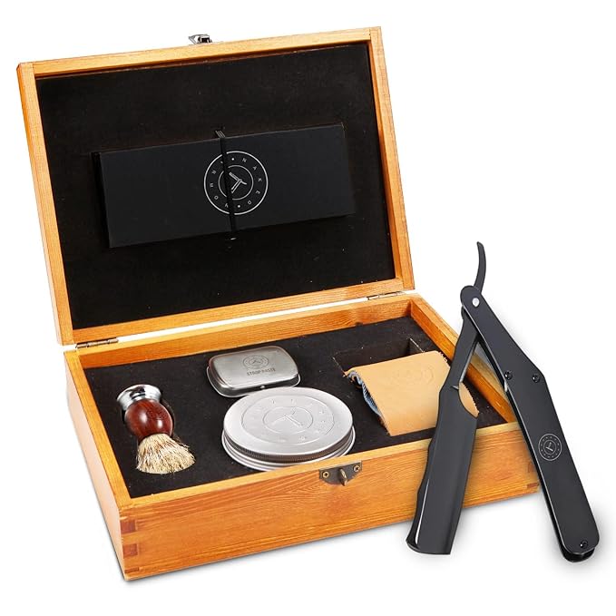 Naked Armor Lancelot Straight Razor Kit, Black Japanese Stainless Steel Set | 7-Pc Shave Ready Wet Shaving Kit, 7/8" Barber Straight Edge Razor Set, Strop, Paste, Brush, Soap, Sheath, Box, Gifts for Men