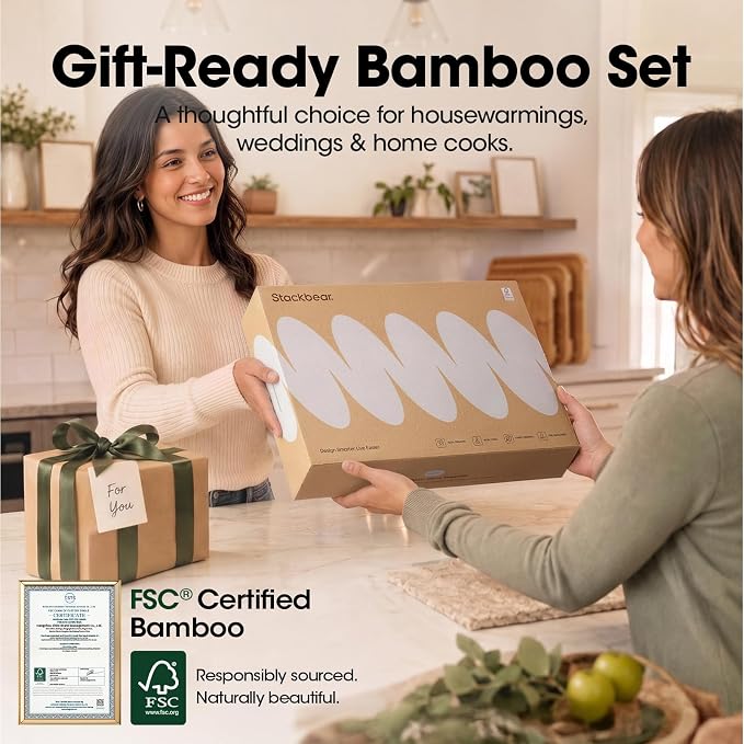 FSC-Certified Deep-Carbonized Bamboo Cutting Board for Kitchen with Wood Stand