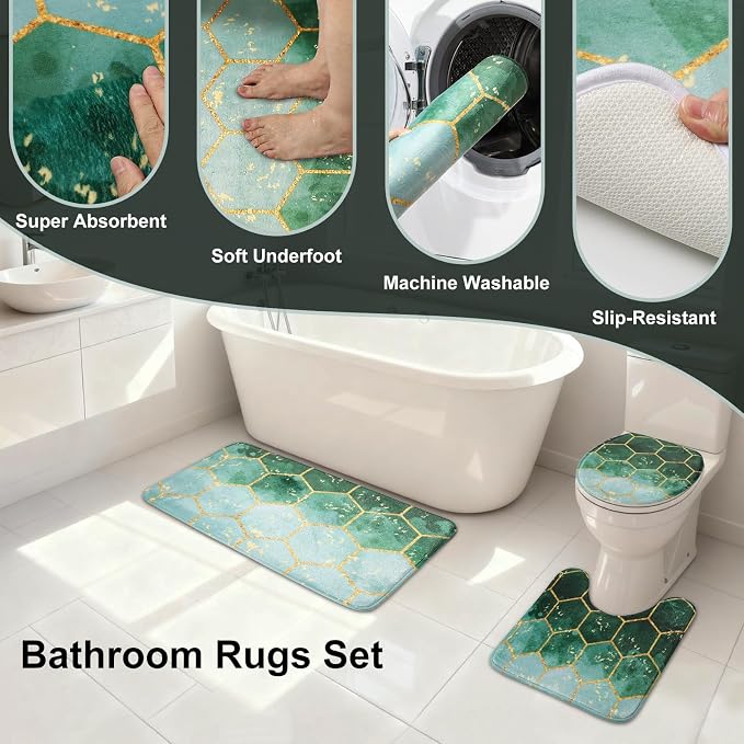 25 Pieces Bathroom Set Green and Gold Bathroom Accessories Set, Shower Curtain and Rugs, Trash Can, Toilet Brush, Soap Dispenser, Soap Dish, Toothbrush Holder, Tumbler, Tray, Qtip Holder