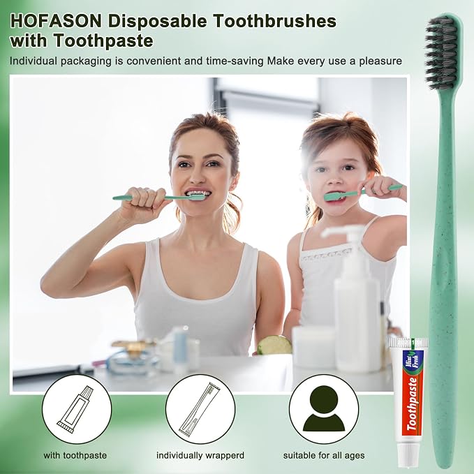HOFASON Disposable Toothbrushes with Toothpaste, 50 Pack Bulk Travel Toothbrush and Toothpaste Set, Individually Wrapped Travel Size Tooth Brush Paste Kit for Homeless Shelter Charity Church Hotel