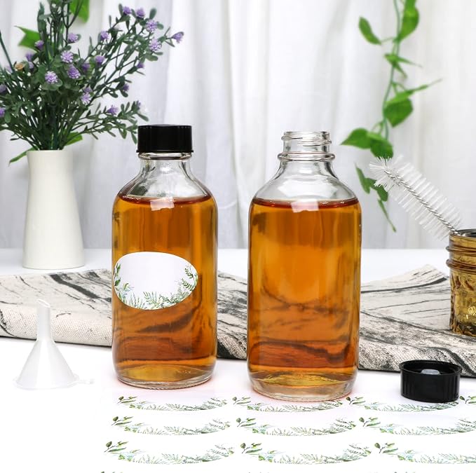 Small Clear Glass Bottles with Lids, 4 oz Glass Containers with Labels, Funnels and Brushes, Round Sample Bottles for Juice, Oils, Ginger Shots, Whiskey, Liquids, 50 Pack
