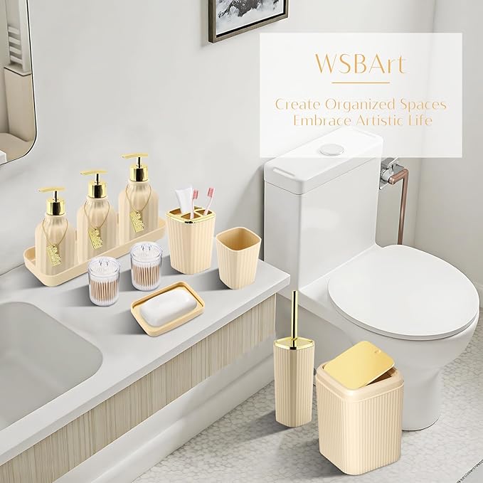 17PCS Bathroom Accessories Set, Beige Bathroom Set Bathroom Accessories Set with Trash Can, Toilet Brush, Toothbrush Holder, Qtip Holder & 3PCS Soap Dispenser