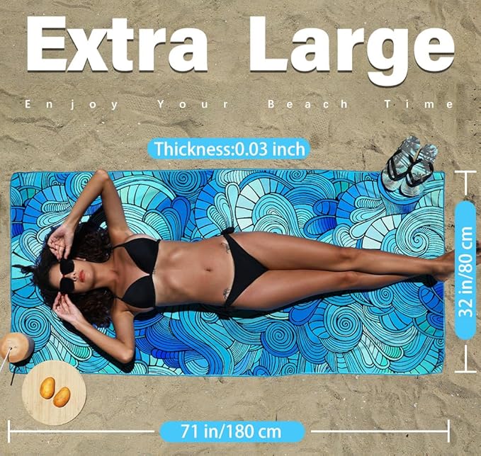 Widdonen Microfiber Beach Towel,Compact 71x32 Inch,Lightweight,Blue | Extra Large,Sand Free,Thin,Absorbent,Quick Dry for Camping,Hiking,Swim,Pool,Bath,Picnic,Gym,Cruise Essentials,Adult Gifts