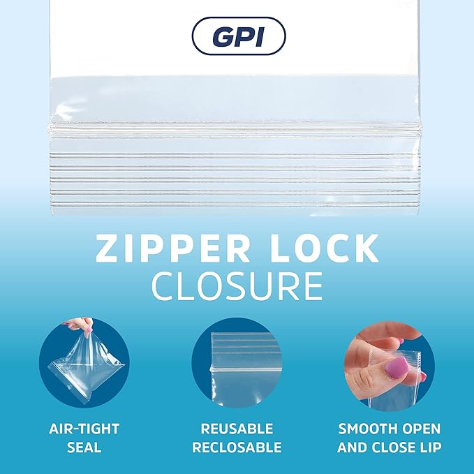 GPI - 8" x 10" - Bulk Pack of 100, 4 Mil Thick, Heavy Duty, Clear Plastic Reclosable Zip Bags, With Write-on White Block for Labeling, Strong & Durable Poly Baggies With Resealable Zipper Top Lock.