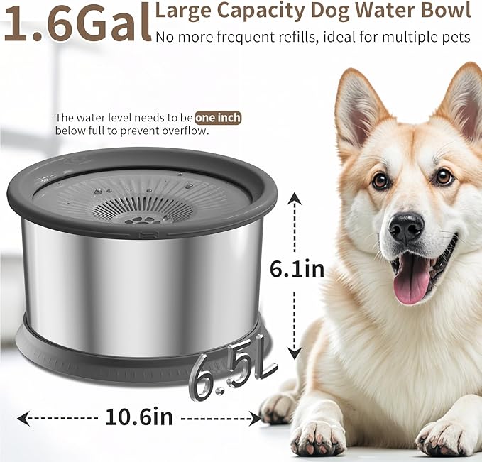 6.5L Dog Water Bowl No Spill 1.6 Gallon Stainless Steel Water Bowl with 4 Filters for Dogs 220oz Large Capacity No Splash Slow Drinking Feeder with Anti-Slip Mat for Messy Drinkers