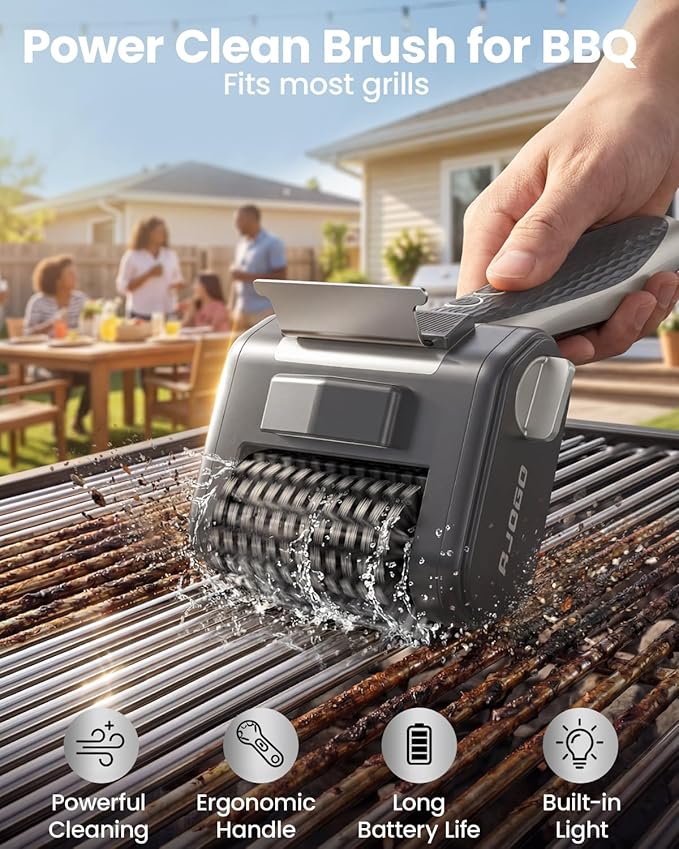 Electric Grill Brush for Outdoor Grill, Cordless BBQ Cleaner with LED Light, Scraper, Dishwasher‑Safe Bristles, 4000 mAh Battery, Rechargeable Power Grill Scrubber (Silver)