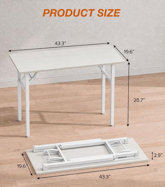 XBurmo Folding Desk Foldable Table, No Assembly 43.3" Foldable Desk Space-Saving Workstation for Small Space, Computer Table, Flat Storage for Home Office, Bedroom, Dorm, Study Room, White Ash