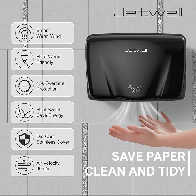 JETWELL High Speed Commercial Automatic Hand Dryer - Heavy Duty Stainless Steel Hand Dryer - Warm Wind Hand Blower