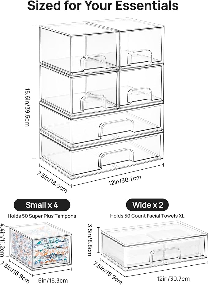 Vtopmart Stackable Storage Drawers Set of 6, Clear Plastic Organizer Bins for Bathroom Supplies, Ideal for Cabinet,Shelf, Pantry, Laundry Room Organization