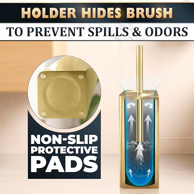 Gold Toilet Brush and Holder Set - Instantly Elevate Your Bathroom Style - Stainless Steel Toilet Bowl Brush and Holder with 2 Rounded Corners, Replaceable Head, Removable Inner Bowl & Splash Guard