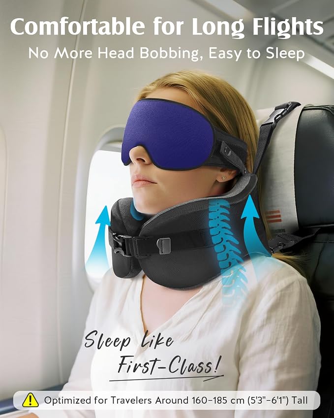 YFONG Travel Pillow for Long Flight Airplanes, Head Strap Combo with 3D Contoured Eye Mask for Sleep, Neck Pillow for Car Trip Essential, 360° Support Memory Foam Headrest, Prevent Bobbing, Blue