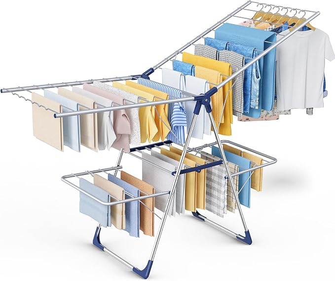 Sakugi Clothes Drying Rack, Foldable 2-Level Laundry Drying Rack with Height-Adjustable Wings, for Clothing & Bedding, Free-Standing Space-Saving Rack, Indoor & Outdoor, 70" L × 22.8" W, Silver Blue