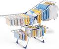 Sakugi Clothes Drying Rack, Foldable 2-Level Laundry Drying Rack with Height-Adjustable Wings, for Clothing & Bedding, Free-Standing Space-Saving Rack, Indoor & Outdoor, 70" L × 22.8" W, Silver Blue