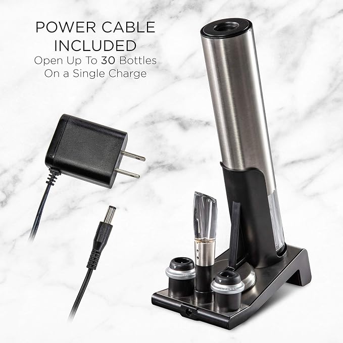 Ivation 6-in-1 Electric Wine Opener Gift Set, Preserver, Charging Base | Stainless steel bar collection for hosts - includes aerator, foil cutter, and date-stamped stoppers to keep bottles fresh