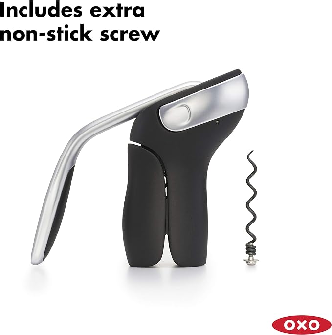 OXO SteeL Vertical Lever Corkscrew with Removable Foil Cutter,Black/Silver,2.1 & SteeL Expanding Leakproof Wine Stopper, (2 Pack)