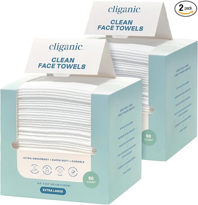Cliganic Clean Face Towels XL, Multi-Pack (100 Count), Disposable, Ultra-Absorbent, Hypoallergenic & Soft - Makeup Remover Dry Wipes, Pamper Your Face, Hygienic Towelettes, for All Skin Types