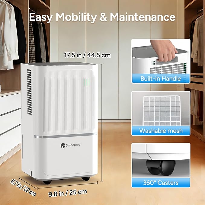 DR.PREPARE 2600 Sq.Ft Energy Star Dehumidifier, Max 38 Pints, Dehumidifier for Basement, Bedroom, bathroom with Drain Hose, Intelligent Humidity Control, Dry Clothes, 3 Modes, Sleep Mode, 24H Timer
