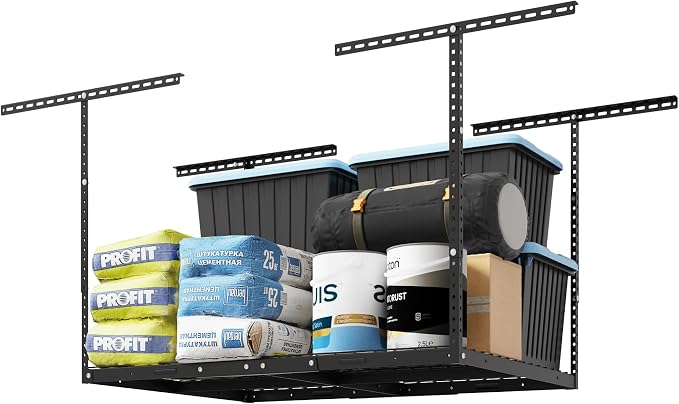 FLEXIMOUNTS 3x4 Overhead Garage Ceiling Storage Rack Organization, Black | 275lbs Weight Capacity, 22"-40" Adjustable Organization System, Heavy-Duty Metal Ceiling Racks, Classic Series