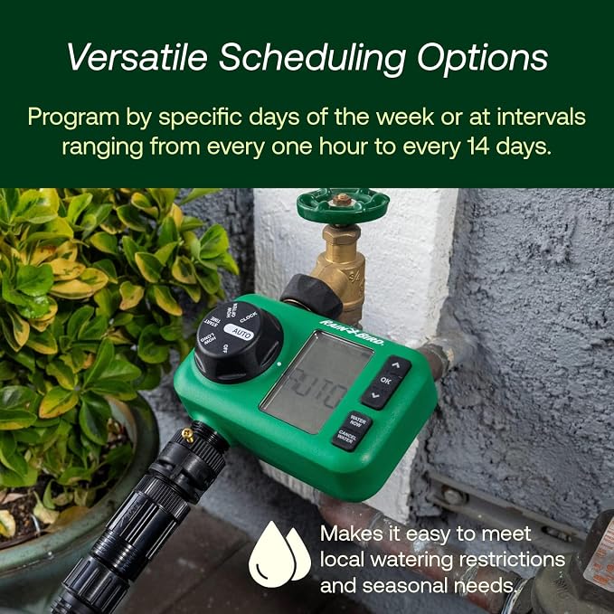 Rain Bird HET200 Electronic Digital Hose End Watering/Irrigation Timer, Battery Operated, 3/4" Garden Hose Thread, Heavy-Duty Brass Inlet, 2 Outlets/Ports