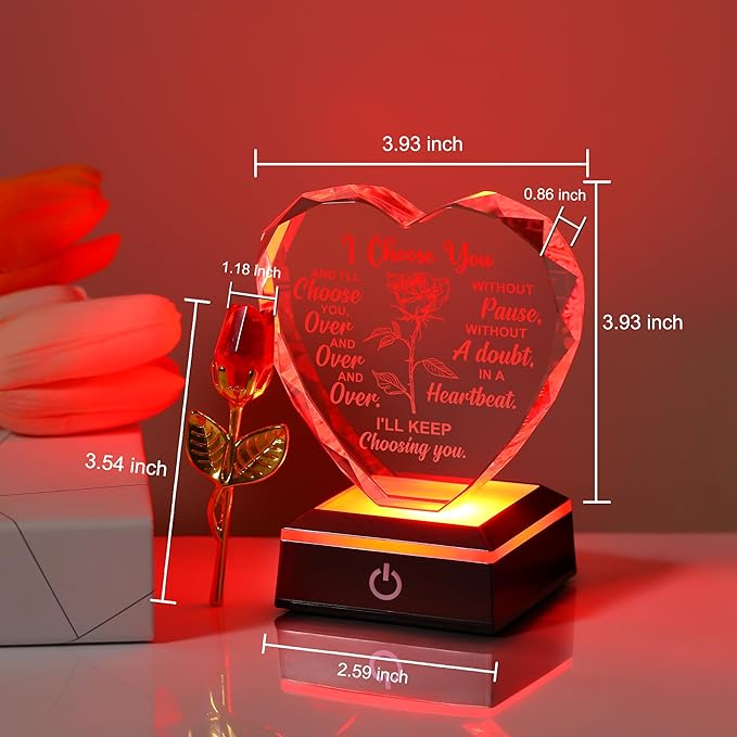 ZHSHWAT Crystal Multi Colour Night Light Gift for Her, Romantic Crystal Rose Ornament for Wife from Husband for Anniversary, Birthday Gift Ideas