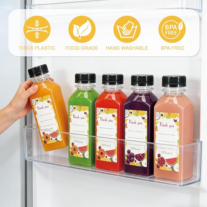 100 Pack 12oz Clear Reusable Plastic Juice Bottles with Caps, Food Grade BPA-Free Leak Proof Juicing Containers with 108 Labels & brush& Silicone Funnels for Homemade Juice, Smoothies & Travel