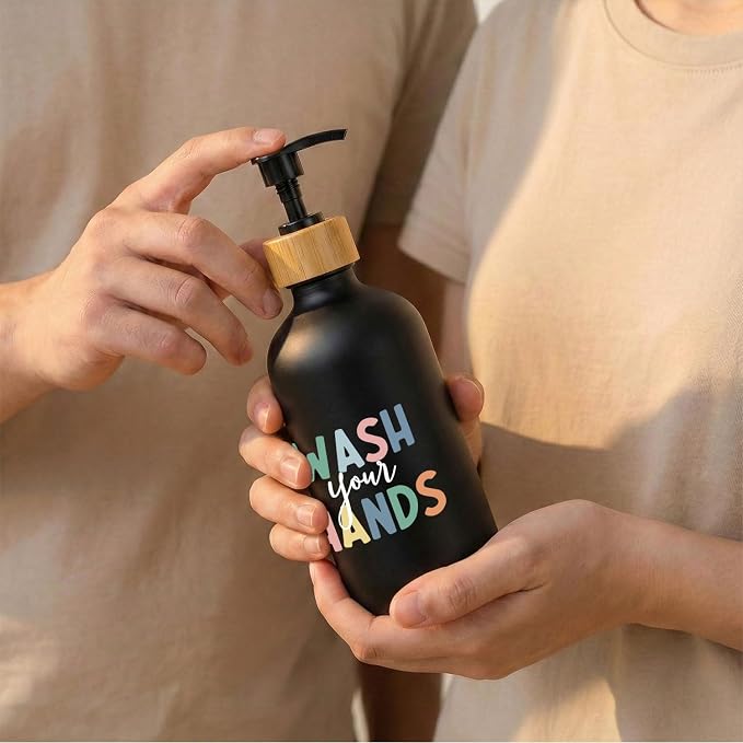 Kids Bathroom Boho Soap Dispenser, Wash Your Hands Bathroom Countertop Hand Soap Dispenser with Pump, Colorful Toddler Decor Handsoap Refillable Glass Pump Bottle Container (Black)