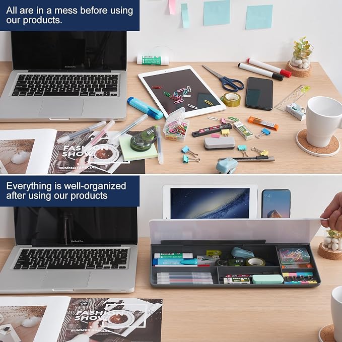 Small Desktop Glass Whiteboard Dry-Erase-Board - Computer Keyboard Stand White Board Surface Pad with Drawer, Desk Organizers with Accessories for Office, Home, School Supplies - Grey