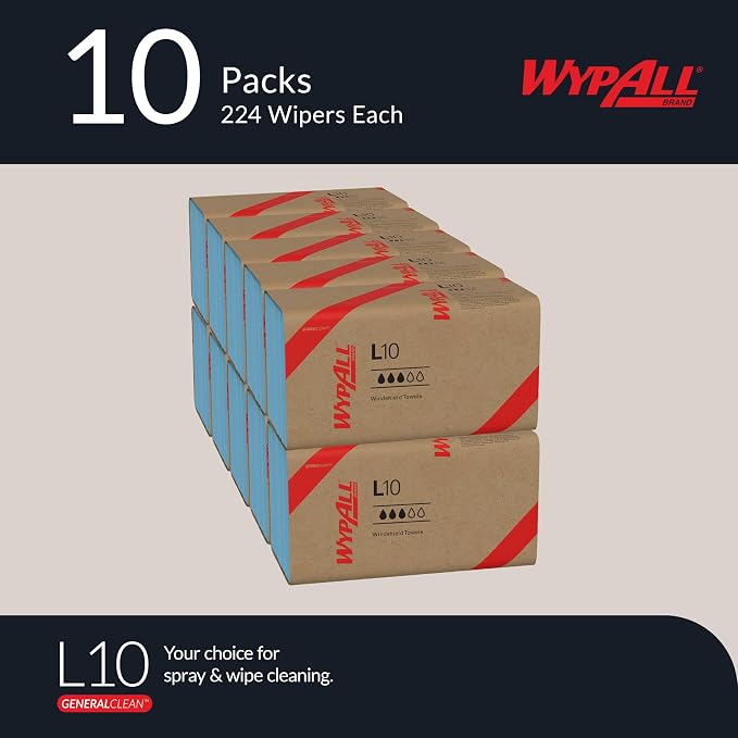WypAll GeneralClean L10 Cloths Light Cleaning Wipes (05123), Windshield Towels, Bulk Paper Wipers, Blue (10 Packs of 224 Sheets, 2,240 Sheet Total)
