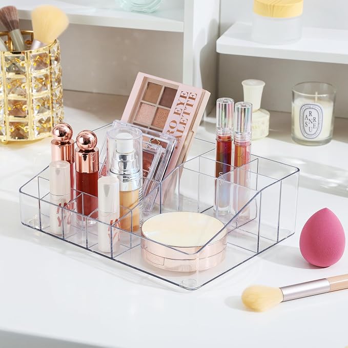 Vtopmart 1 Tier Clear Plastic Makeup Organizer with Drawer, Cosmetic Storage for Dresser Countertop and Bathroom Vanity, Beauty Holder for Lipstick Brush Skincare