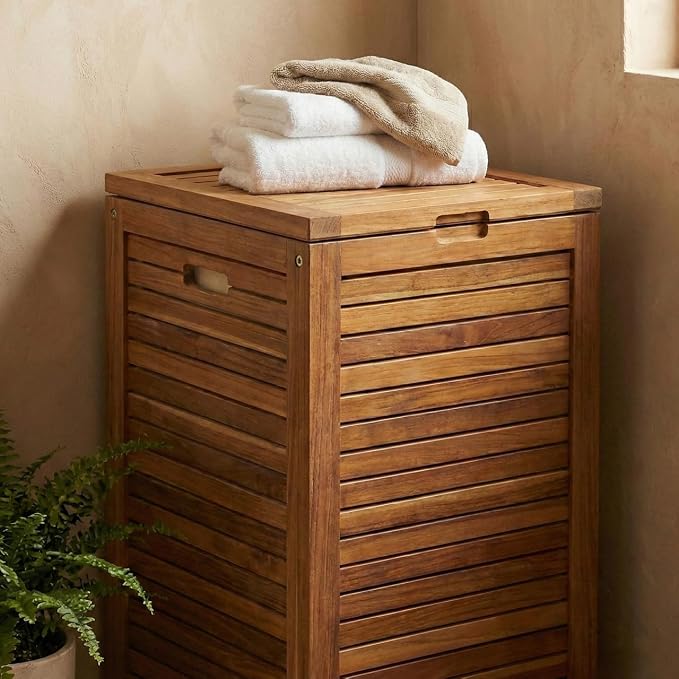 Medium Teak Laundry Hamper, or Indoor Outdoor Storage Bin | Durable, Water-Resistant Teak Construction, Indoor & Outdoor Use