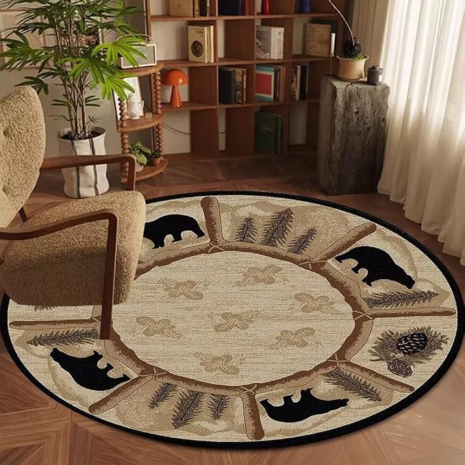 Rustic Lodge Cabin Bear Round Area Rug for Living Room Retro Pine Cone Splice Circle Rugs Nursery Room Decor Floor Carpets 6ft