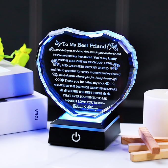Arikyrist Best Friend Birthday Gifts with LED Base Crystal Heart Friendship BFF Gifts for Women Best Friend Bestie Gift Ideas for Women Gift for Female Friends on Christmas Wedding Valentine's Day
