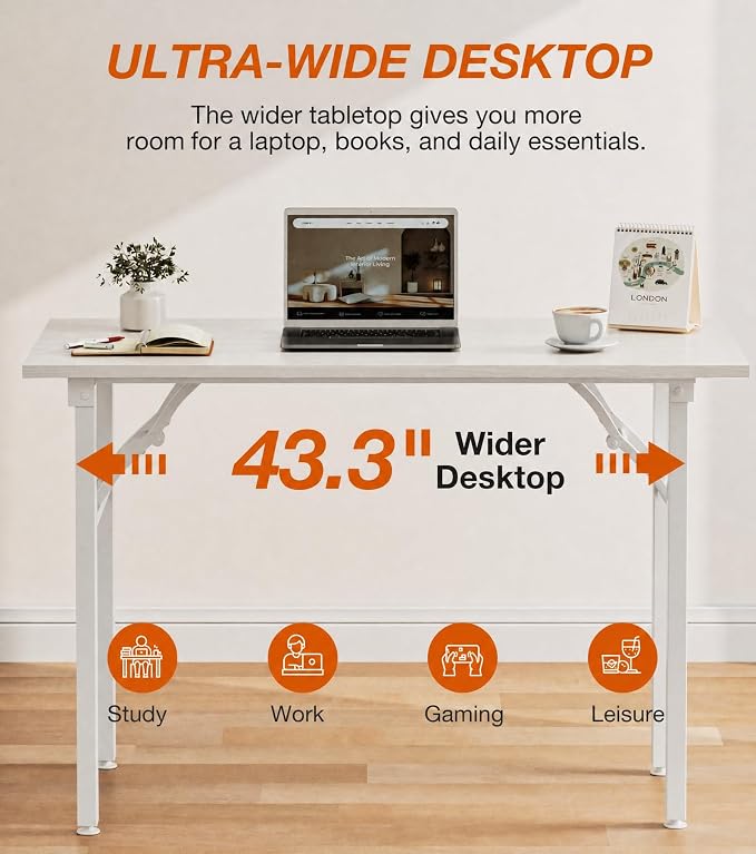 XBurmo Folding Desk Foldable Table, No Assembly 43.3" Foldable Desk Space-Saving Workstation for Small Space, Computer Table, Flat Storage for Home Office, Bedroom, Dorm, Study Room, White Ash
