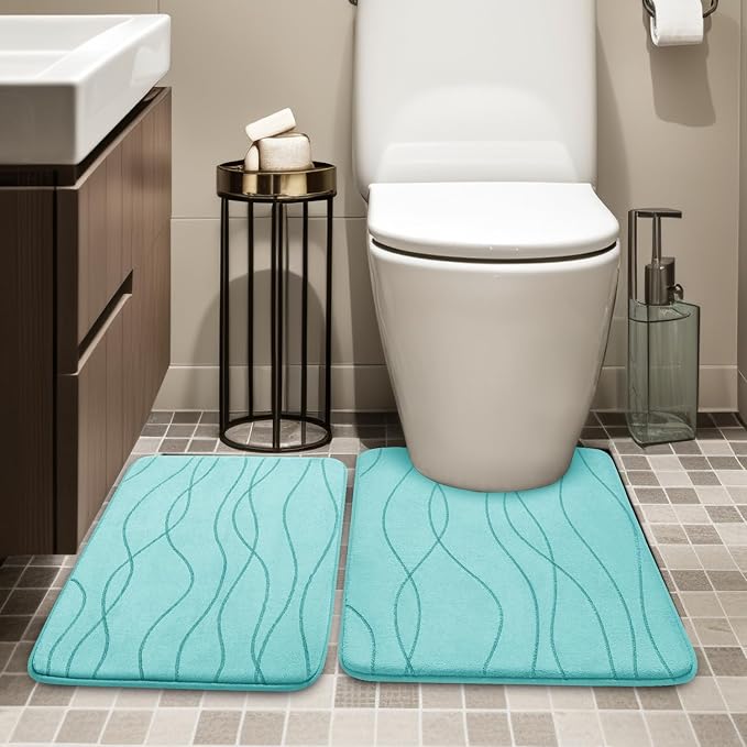 YIHOUSE Bathroom Rugs Set 2 Piece, Memory Foam Bath Mat Teal | U Shaped+Small Mat, Ultra Soft, Absorbent, Non-Slip, Machine Washable, for Bathroom, Sink and Toilet