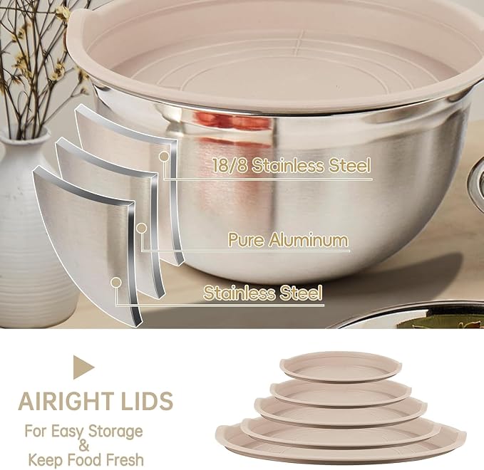 WEPSEN Mixing Bowls Set, 25PCS Khaki Mixing Bowls With Lids Set Stainless Steel Kitchen Large Nesting Metal Bowl 7QT to 1.5QT, Measuring Cups and Spoons for Prepping Cooking Serving
