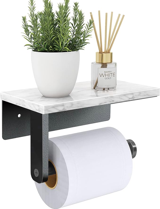 Gypie Marble Toilet Paper Holder with Shelf, 304 Stainless Steel Screw Wall Mounted, Tissue Roll Holder for Bathroom Washroom Matte Black