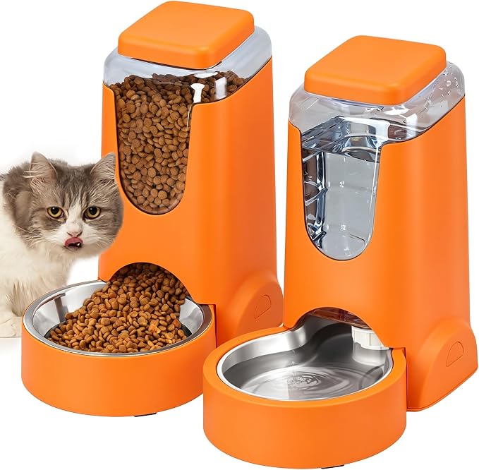 HWONMTE Portable Automatic Cat Feeder and Water Dispenser with Stainless Steel Bowl Dog Gravity Food Feeder and Waterer for Small Medium Pets Puppy Kitten 1 Gallon x 2 (Orange)