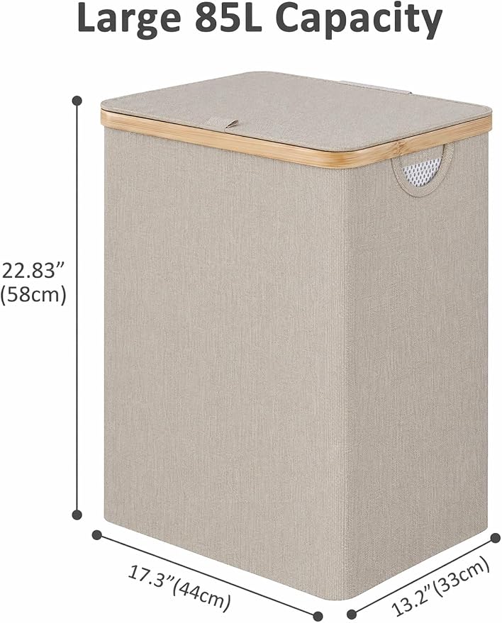 iEGrow Laundry Basket with Lid, Large Laundry Hamper with Handle and Lid, Collapsible Clothes Basket Organizer with Removable Inner Bag for Clothes Towels (Oatmeal, 85L)