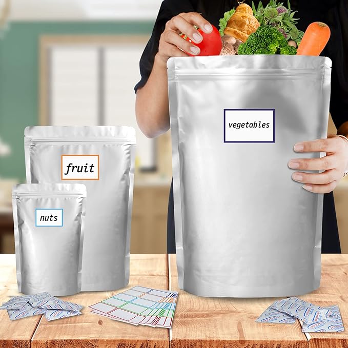 15 Mil 5 Gallon Mylar Bags for Food Storage with 2500cc Oxygen Absorbers - 55 Pack Mylar Bags Include 5 Gallon, 1 Gallon,1 Quart, 100 Pcs Labels and 500cc Oxygen Absorbers for Long Term Food Storage