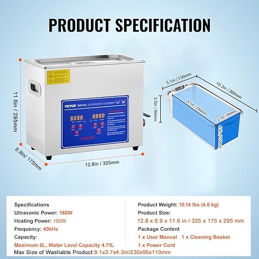 VEVOR 6L Commercial Sonic Cleaner, 40kHz Professional Cleaning Machine with Digital Timer & Heater, 110V - Ideal for Watches, Instruments, and Industrial Parts, FCC/CE/RoHS Certified