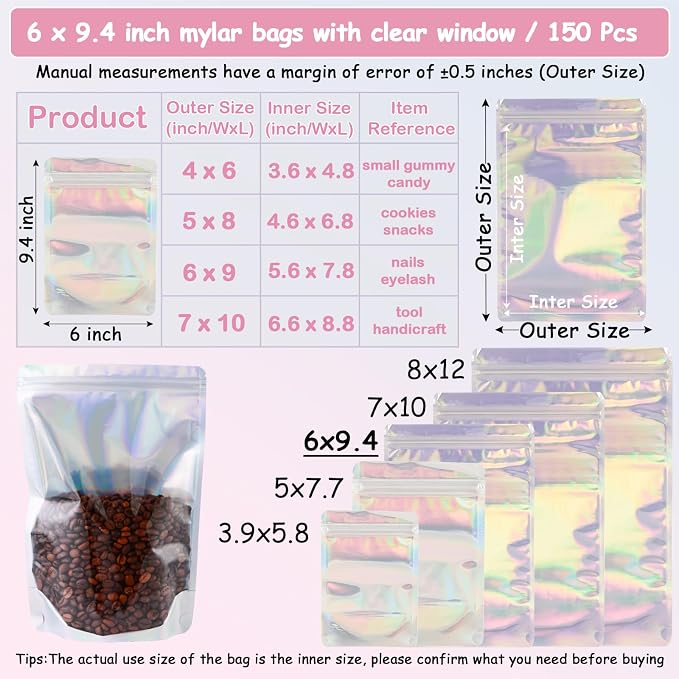 150 Pcs Mylar Bags for Food Storage, 6x9 Mylar Bag with Window Stand Up, Bulk Holographic Resealable Bags Smell Proof Bag Food Packaging for Small Business Freeze Dried Candy Jewelry Foil Packaging